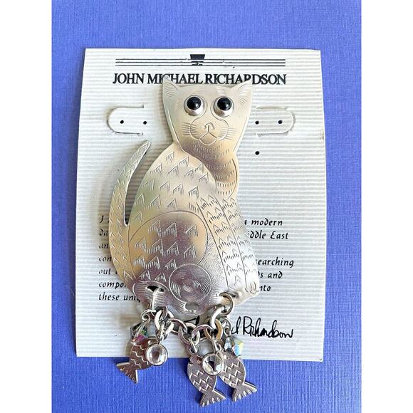 Vintage John Michael Richardson Cat with Dangling Fish Brooch - Picture 1 of 6